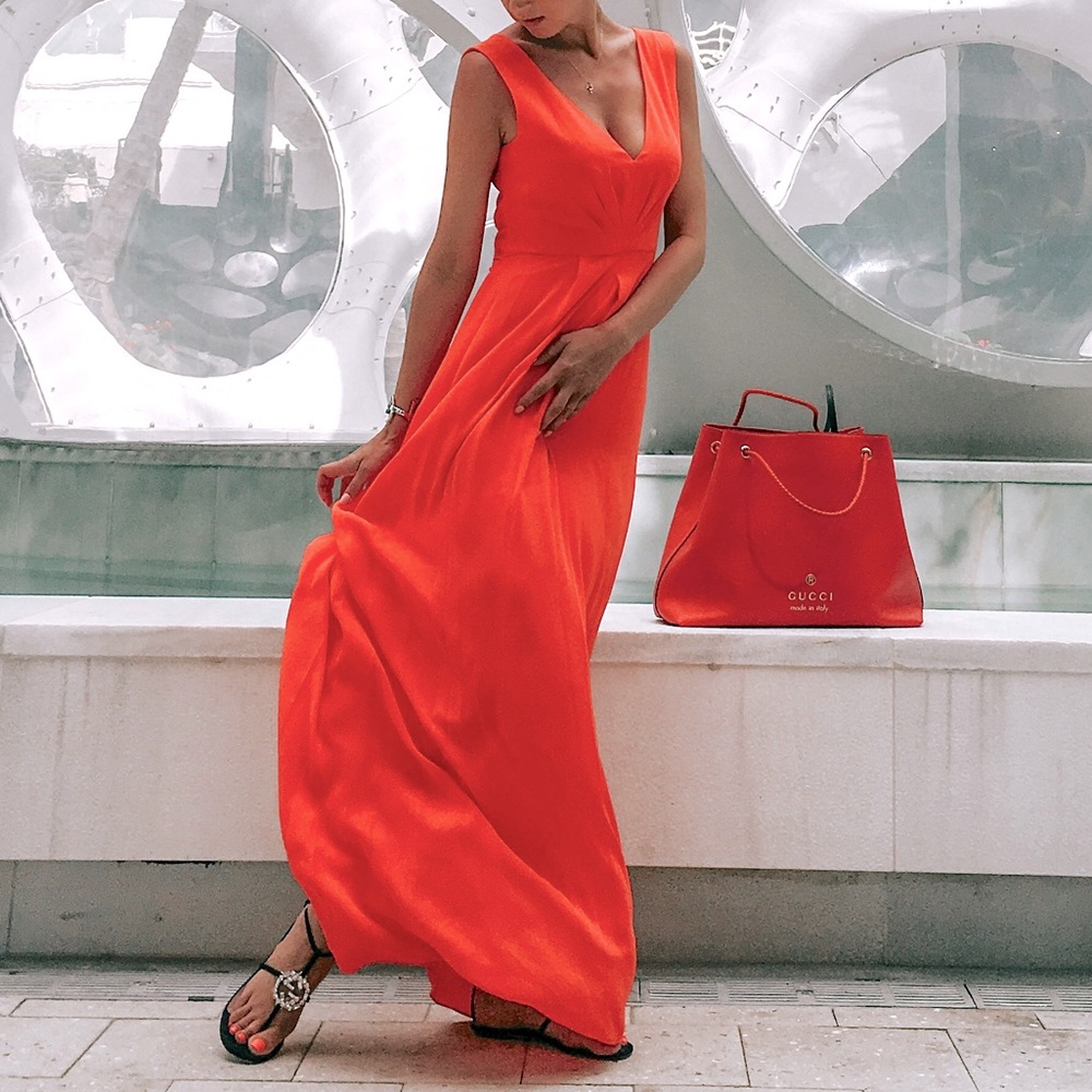 $425 BCBG BRIGHT CORAL RED FLOWY MAXI DRESS 4 / S